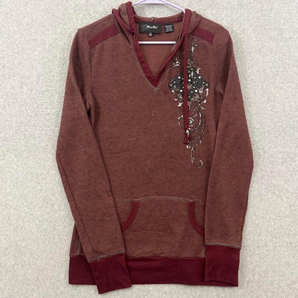Miss Me Y2K Embellished Waffle Knit Hoodie Women's XL Burgundy SKU 541